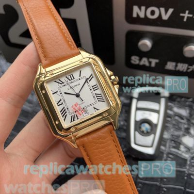 Cartier Panthre de Copy Watch White Dial Brown Leather Strap 38mm